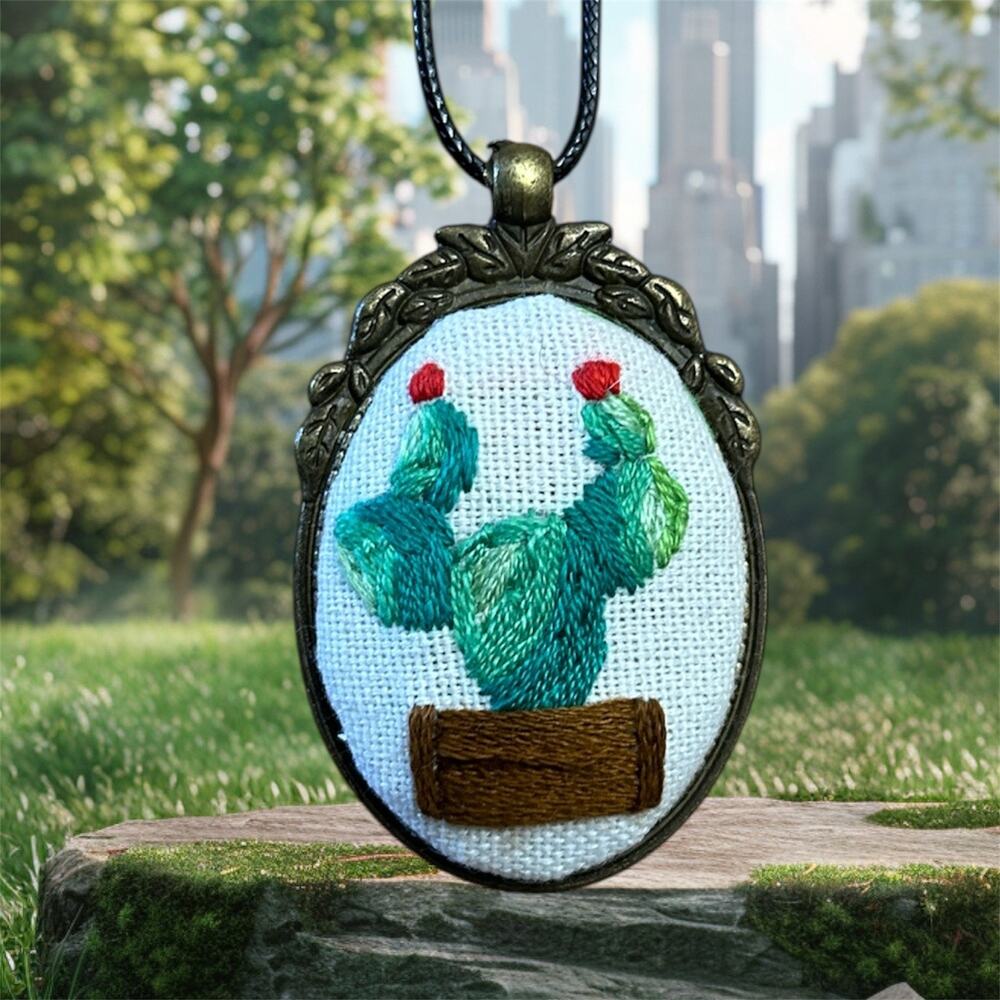 Embroidery Prickly Pear Cactus Pendant ~ Handmade Jewelry
